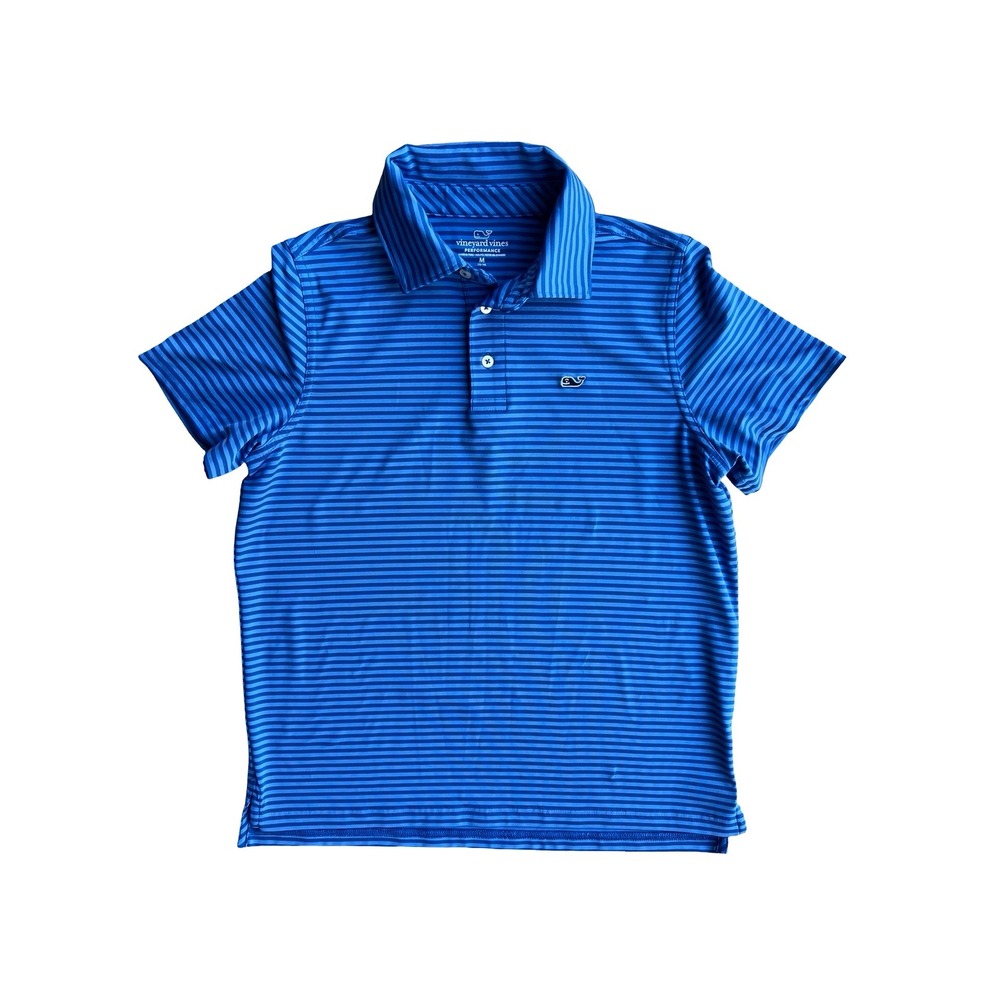 Vineyard Vines Boys Performance Polo Shirt Blue Striped Short Sleeve M 12-14